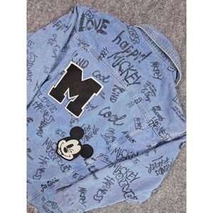 Stradivarius x Disney Mickey Mouse Graffiti Denim Jacket Womens M NWT Patches
